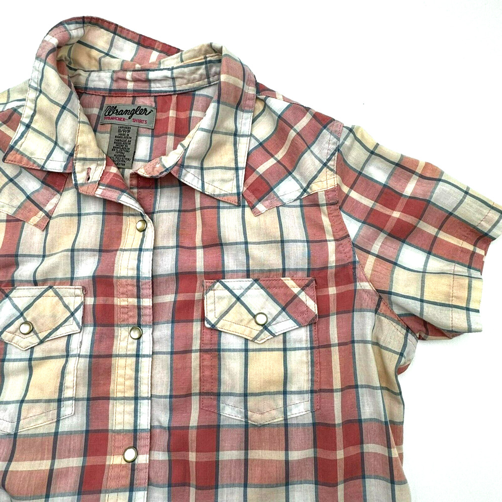 WRANGLER Women Small Pink Beige Pearl Snap Short Sleeve‎ Shirt Western Cowgirl
